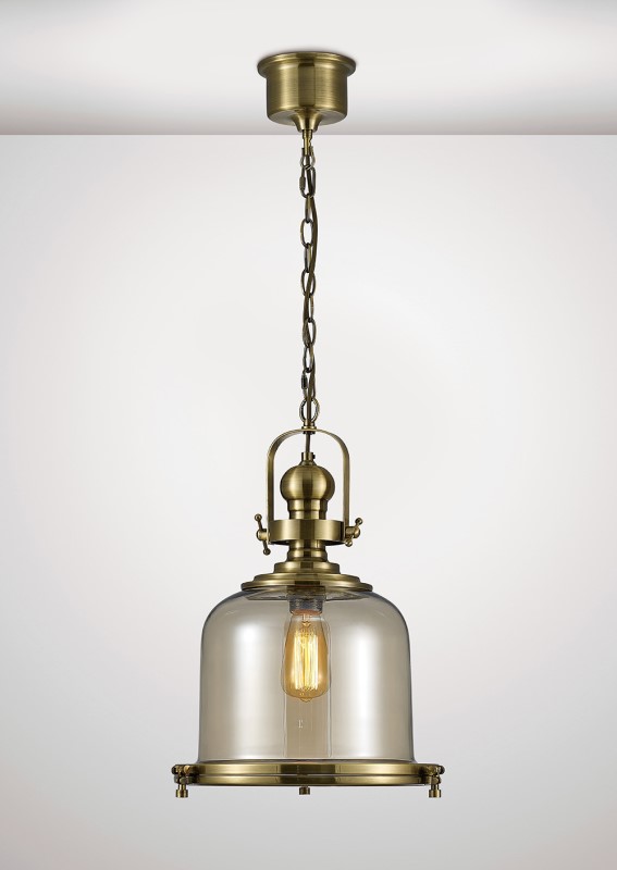 Single Medium Bell Pendant 1 Light Antique Brass/Cognac Glass - Click Image to Close